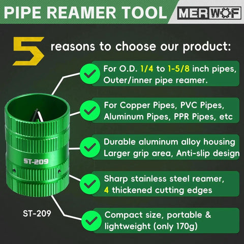 Pro Grade Durable Aluminum Pipe Reamer For Copper and PVC Pipes Deburring and Chamfering Tool with non-slip green handle.