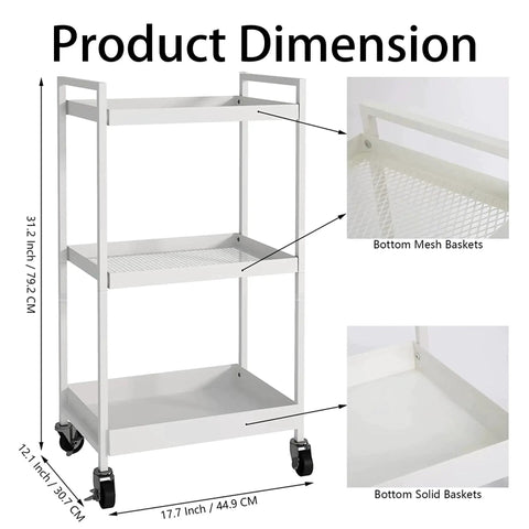 3-Tier Metal Utility Rolling Cart With Lockable Casters For Kitchen Office And Bathroom Storage White dimensions and mesh detail