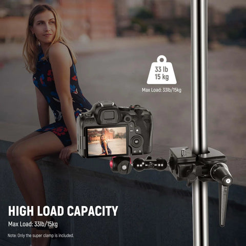 NEEWER Super Clamp with 5/8-inch stud, heavy-duty camera mount on vertical pole, supports up to 33 lb