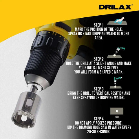 Premium 1 Inch Diamond Drill Bit By Drilax With Triple Coating For Multi Material Use On Granite Quartz Countertops Ceramic And Porcelain Tiles Glass And Stone Core Bit For Precise Long Lasting Holes In Hard Surfaces attached to a power drill with usage steps shown.