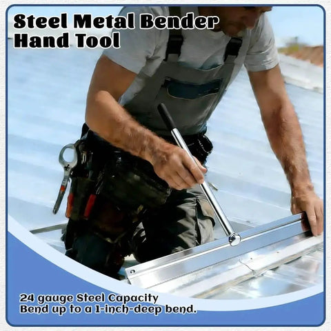 Man using a 15.25 Inch Sheet Metal Bender With Sturdy Handle For Steel Bending Up To 1 Inch Deep on metal roofing sheet.