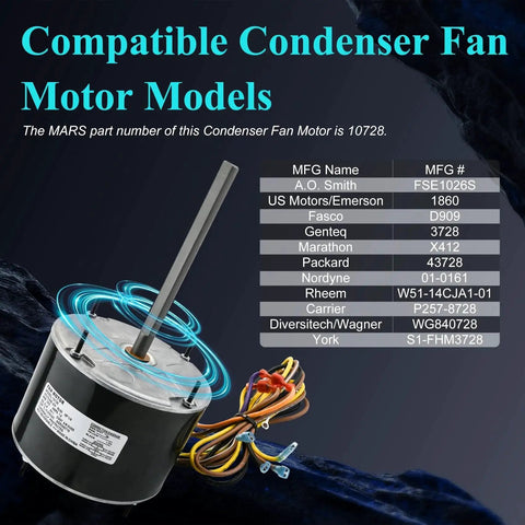 Condenser Fan Motor Replacement 10728 with wire connections and model compatibility list, highlighting Mars 10733.