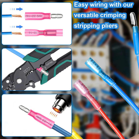 Smseace 110pcs heat shrink bullet connectors kit for 22-10AWG automotive wiring; waterproof male and female terminals with crimping pliers