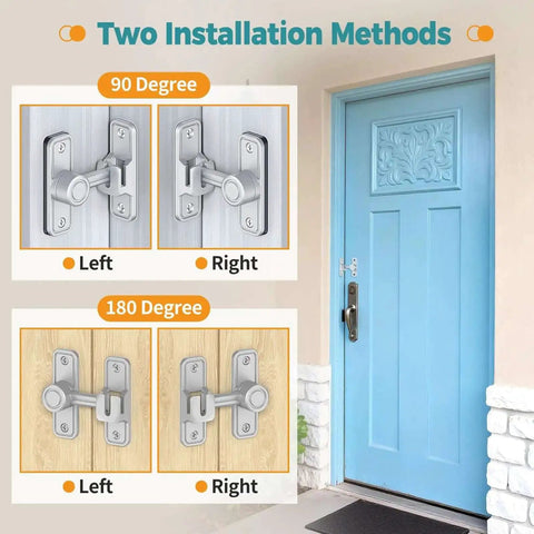 Heavy Duty 90 Degree And 180 Degree Barn Door Lock Made From Rust Proof Zinc Alloy shown in two installation methods on blue door.
