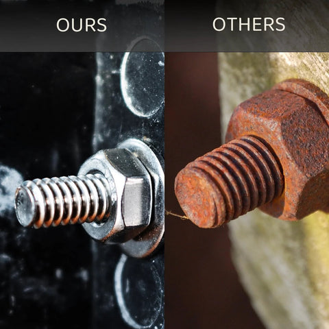 Comparison showing 180 Piece SAE Stainless Steel Nuts and Bolts Assortment Kit By LUPANTER versus rusty bolt