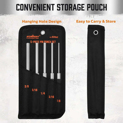 5 Piece Roll Pin Punch Set 8 Inch Carbon Steel Pro Grade Pin Punch Tool Kit With Storage Pouch for gunsmithing and repair, displayed in pouch