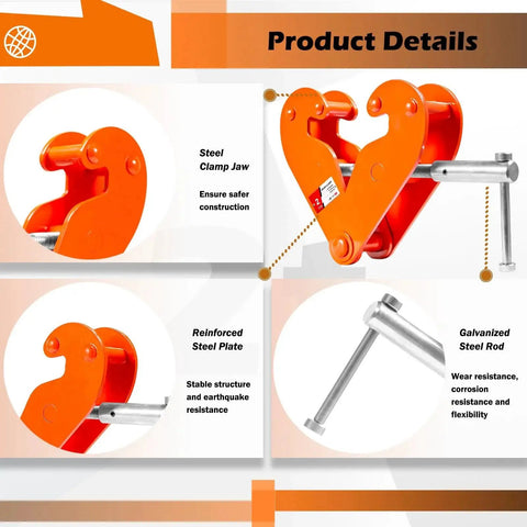Orange Heavy Duty Beam Clamp 2 Ton Lifting Tool With 3 To 9 Inch Opening For Beams showing steel clamp jaw and galvanized rod.