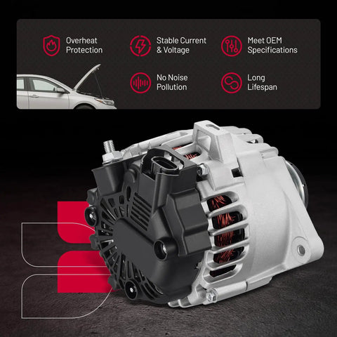 High Output Alternator For Kia Rio 2014-2016 1.6L Forte Koup Forte5 2014-2016 1.6L Veloster 2013-2016 1.6L L4 Replacement OE 373002B760 37300-2B760 Plug And Play, featuring compact design with heat protection and long lifespan features.