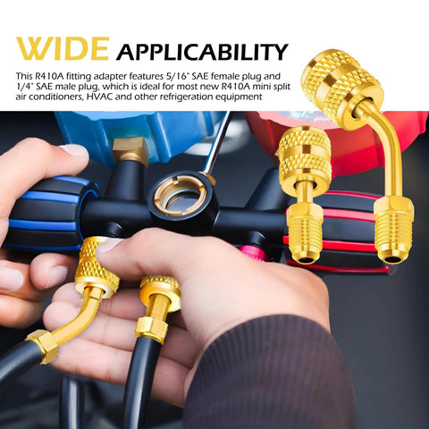 Zikefest R410A mini split adapter, gold brass 5/16 in female to 1/4 in male flare, 2 straight and 2 angled adapters