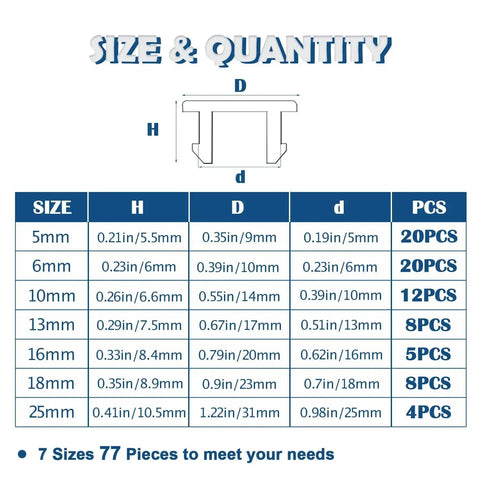 77Pcs White Silicone Hole Plugs Assorted Sizes 5mm to 25mm Pack Size Chart