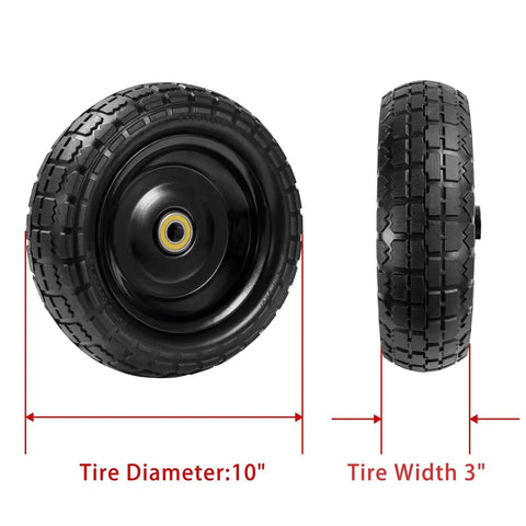 Front and side view of 10 Inch Flat Free Solid Tire And Wheel Replacement 4.10/3.50-4 for hand trucks with size dimensions shown.