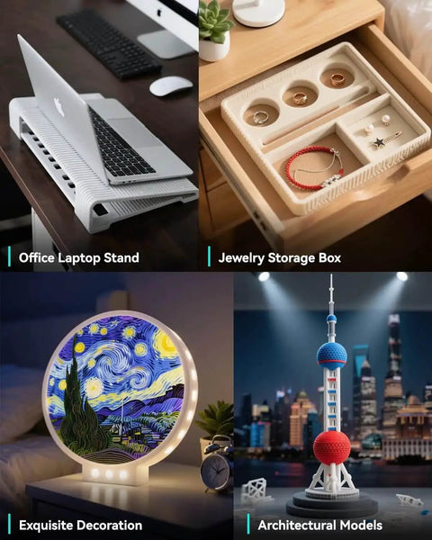 Collage of an office laptop stand, jewelry storage box, lighted starry night decoration, and architectural model display.