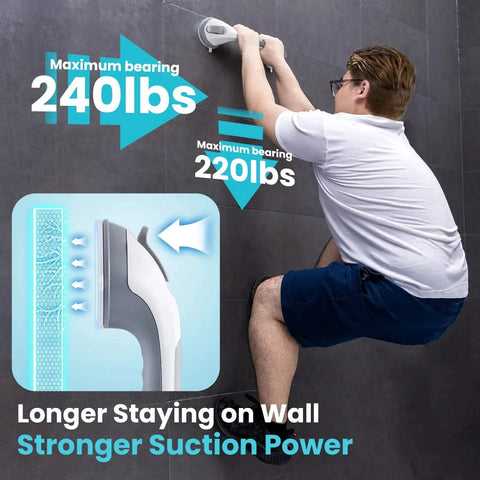 Man testing Two Pack Suction Grab Bars For Shower And Bath Removable Heavy Duty Waterproof on smooth bathroom wall tiles
