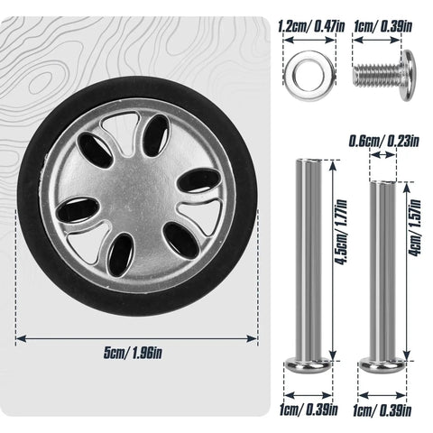 8 Piece Luggage Replacement Wheels Set 50mm Diameter 360 Degree Swivel Rubber Casters with PVC and stainless steel construction shown with dimensions