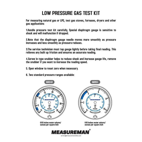 Gas Manifold Pressure Test Kit 0-35 WC For Natural LP Gas 40 Inch Hose 1/4 NPT with two dial gauge displays, instructions visible.