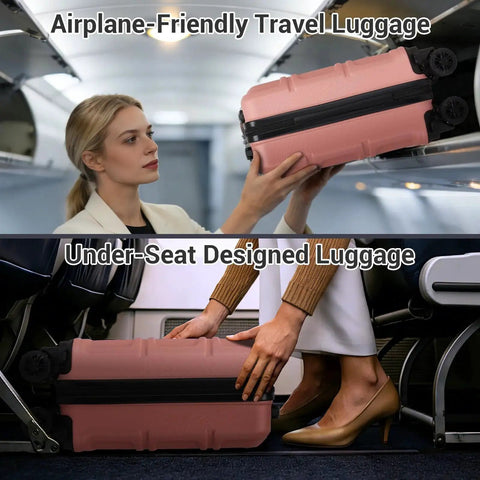 Woman placing 15-inch nude rose pink underseat carry-on luggage in airline overhead bin and under seat, 4.4 lb hardshell roller case.