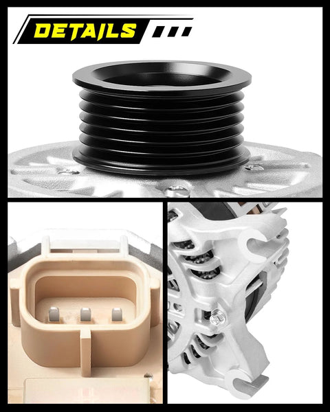 Details collage of Beefed-Up 12V 175A Alternator for Ford Expedition 2011-2014 showing clutch pulley, connector, and side view.
