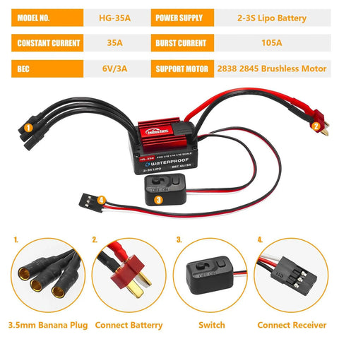 Brushless 2838 4500KV Motor And 35A Waterproof ESC For 1/14 And 1/16 RC Cars showing connectors and components