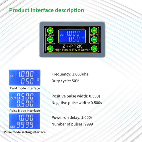 Plug-and-Play PWM Pulse Generator For Motor Speed Control With LCD Readout showing interface settings and frequency options