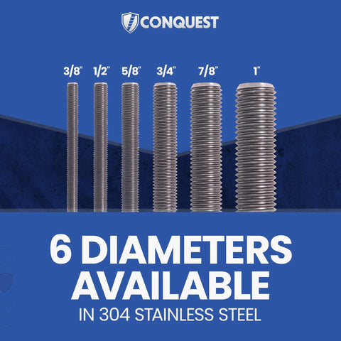 Conquest 304 stainless steel fully threaded rod, 5/8 in, 11 TPI, 36 in, right-hand threads; six diameters shown.