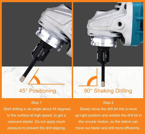 Two Pack 1/4 Inch Diamond Core Drill Bits For Dry And Wet Drilling On Granite Marble Ceramic Glass Porcelain Tiles Stones And Flower Pots With 5/8-11 Thread For Angle Grinders Including Tile Hole Saw Bits in use on angle grinder.