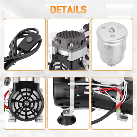 50L/min oil-free lab vacuum pump with switch, oil–water separator; collage of front and side views.