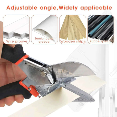 Adjustable 45 To 135 Degree Miter Shears for wood trim and molding, showing cutting angles and usage on various materials