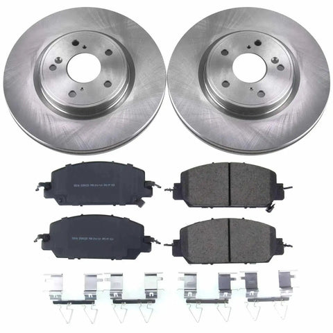 Front view of PowerStop brake kit for Honda CR-V (2017–2025): two disc rotors and ceramic brake pads.