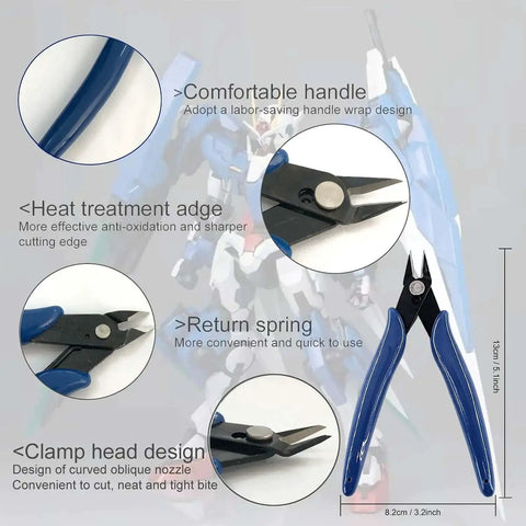 Close-up of pliers from All-In-One 32 Piece 3D Print Tool Kit for cleaning finishing deburring and post processing, features labeled