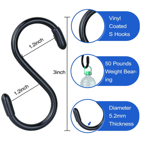 Vinyl coated S hook, 3 inch length, 1.2 inch width, 50 pounds weight bearing, 5.2mm thickness, accessory for heavy duty utility cart.
