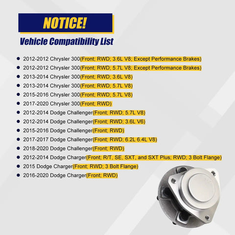 Image showing vehicle compatibility list for Front Wheel Bearing And Hub Assembly 2 Pack Bolt On Compatible With 2012 Through 2020 Chrysler 300 And Dodge Challenger, 5 Lug Bolts, With ABS, Easy Install, Premium Quality Replacement Parts For Smooth Rides.