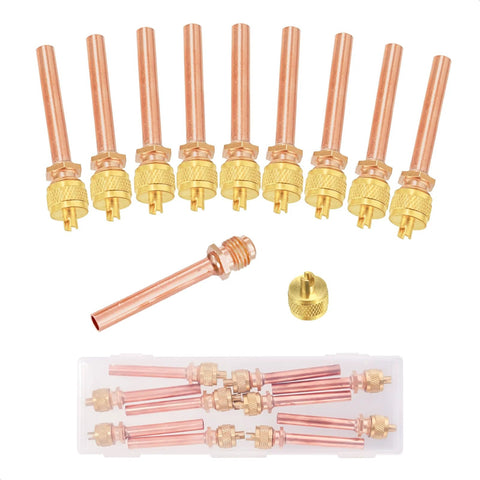 Schrader service valve set, 10 pcs, copper stems with brass fittings, 1/4 in SAE x 1/4 in OD x 2.5 in length, in plastic box