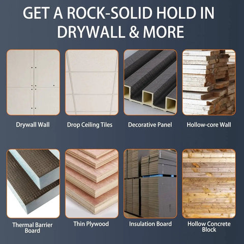 Image showing surfaces supported by Heavy Duty Self Drilling Drywall Anchor Kit With 81 Pieces In Three Sizes Holds 100 Lbs Plus Upgraded 2025 Metal Wall Anchors And Screws For TV Mounts Cabinets And Shelves No Drill Required Organized By Size.