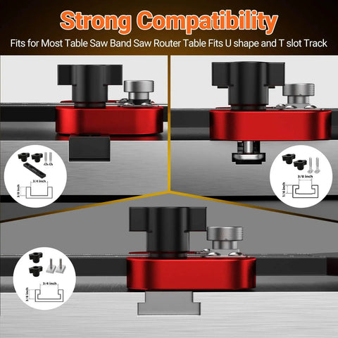 Thin Rip Table Saw Jig With Three Pulleys For Narrow Strip And Repetitive Cuts, Precision Table Saw Guide Fits Three Eighths By Three Quarters U Slot And One Quarter By Three Eighths T Slot shown in U shape and T slot compatibility view.
