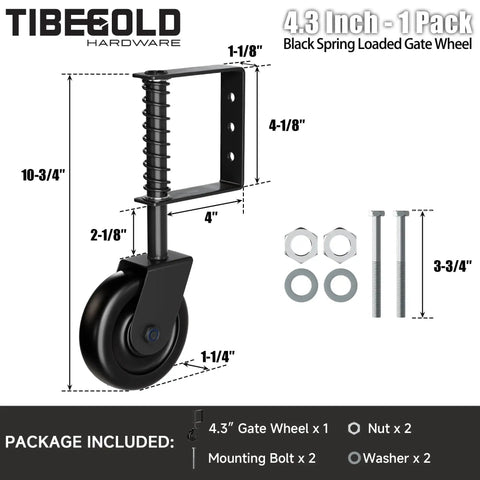 Diagram of a Heavy Duty 4.3 Inch Gate Wheel Caster for Outdoor Wooden Gates and Fences, showing dimensions and included hardware.
