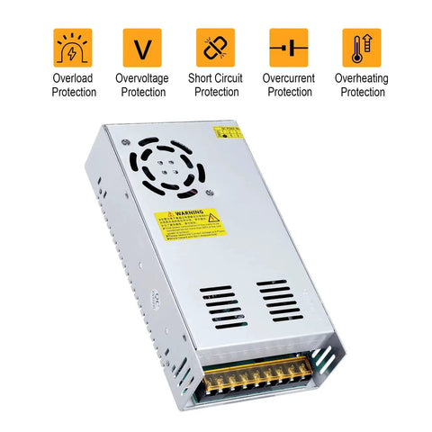 Beefy 24V 25A 600W DC Power Supply Adapter SMPS With Universal 110V 220V AC Input, showing compact design with protection features.