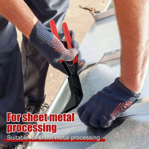 Person using set of 3 hand seamers for sheet metal bending and flattening in workshop.