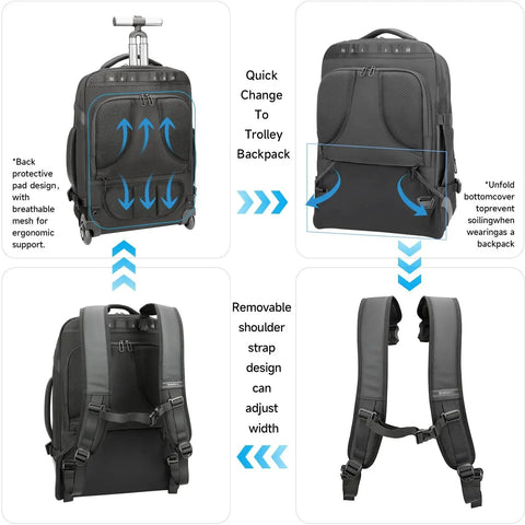 Two In One Rolling Backpack with wheels and convertible backpack design, showing removable shoulder straps and ergonomic padding for travel.