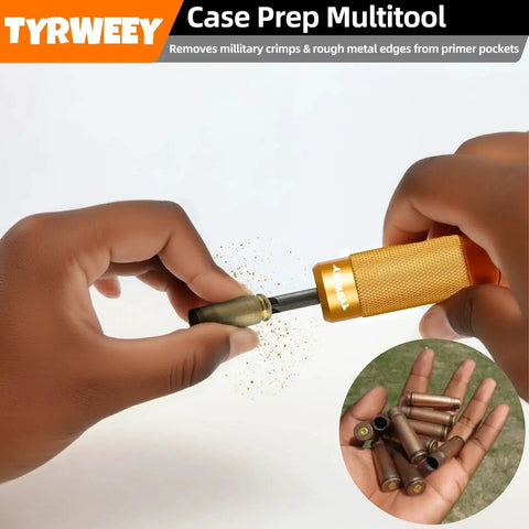 Hands using Case Prep Multitool For Reloading TYRWEEY Case Chamfer Deburring Tools with Double Ended Storage Handle, orange.
