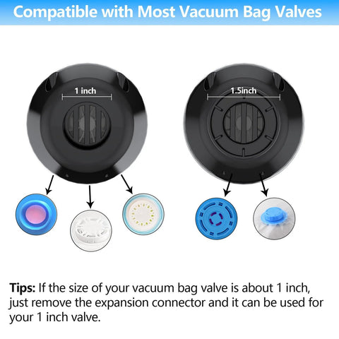 Electric vacuum pump for storage bags, 55W, black; front and back views with blue and white valve adapters.