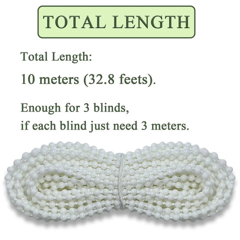 10 Meter Bead Chain Cord for Roller Blinds with 4.5mm Bead Diameter, white cord coiled, enough for 3 blinds, total length text
