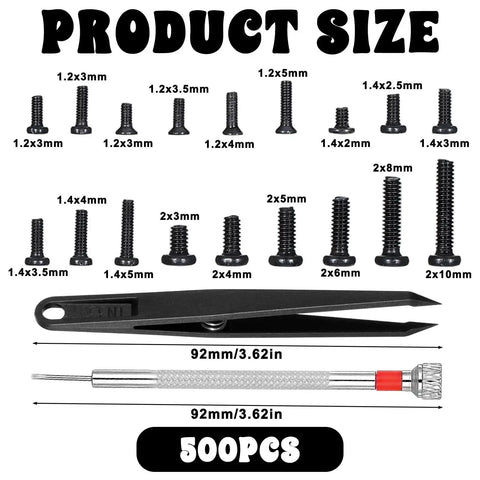 500 Piece Micro Screw Kit For Glasses And Electronics With Black Screws Included Screwdriver And Tweezers sizes displayed