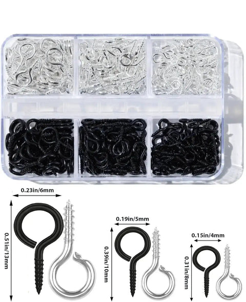 Must Have 300Pcs Small Screw Eye Pins For Jewelry Making And DIY Crafts in silver and black, three sizes with storage box