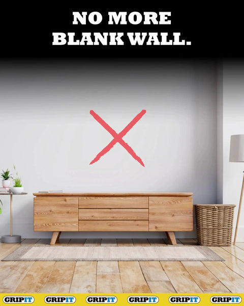 Wall with red X mark above wooden sideboard, text 'No More Blank Wall,' promoting Heavy Duty Drywall Anchors Pack Of 4 With Screws And 1 Inch Drill Bit Included For Plaster Walls Up To 205 Lbs 93 Kg Reusable Wall Anchors Kit Delivers Ultra Strong Grip And Even Load Distribution For Shelves Mirrors And Decor.