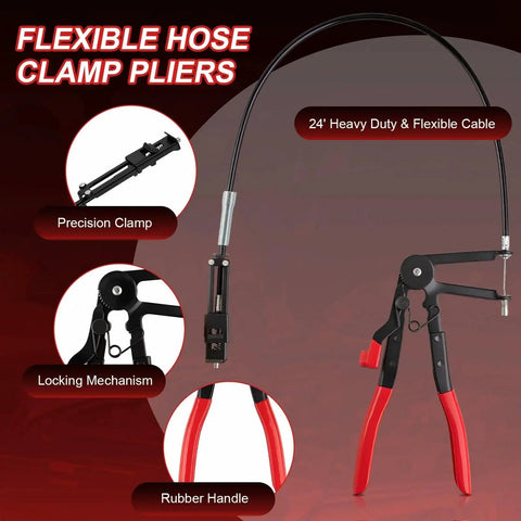 16 Piece Hose Clamp Pliers Set With Long Reach For Fuel Oil Coolant Hoses, showing flexible cable and rubber handle, side view