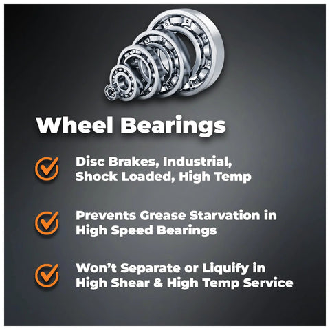 Wheel bearings infographic with stacked steel ball bearings and orange check icons.