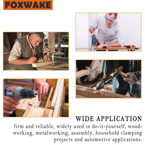 Mini stainless steel C clamps 1-inch, 6 pcs with wide jaws, protective pads, I-beam design; Foxwake logo