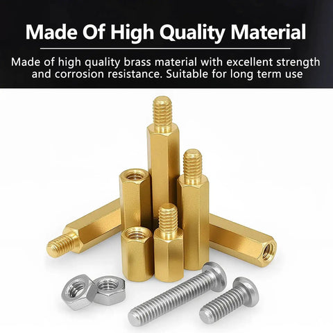 M4 Hex Brass Spacers And Standoffs Kit For PCBs And Computer Projects with assorted nuts and screws on display