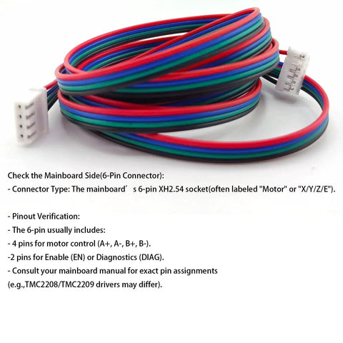 Colorful 1.5m stepper motor cables with connectors, suitable for 3D printers like Ender 3, featuring XH2.54 4-pin to 6-pin configuration