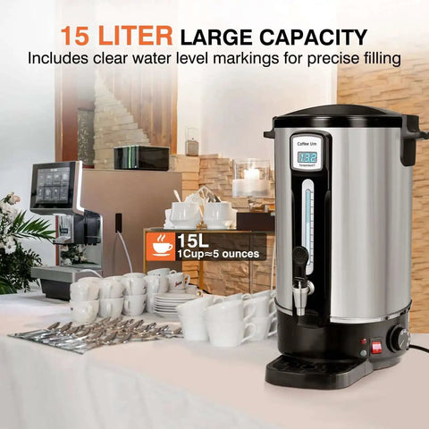 Commercial Coffee Urn 50 Cup 12L Stainless Steel Heavy Duty Coffee Maker for Catering, shown in an event setting.